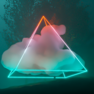 Content creation. An image of a neon triangle in smoke photograph.