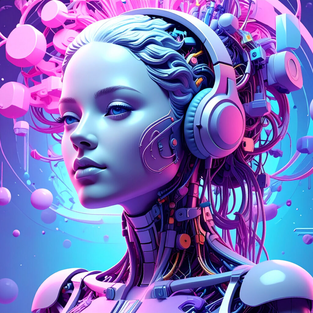 Technology. An image of a robotic statue with headphones on.