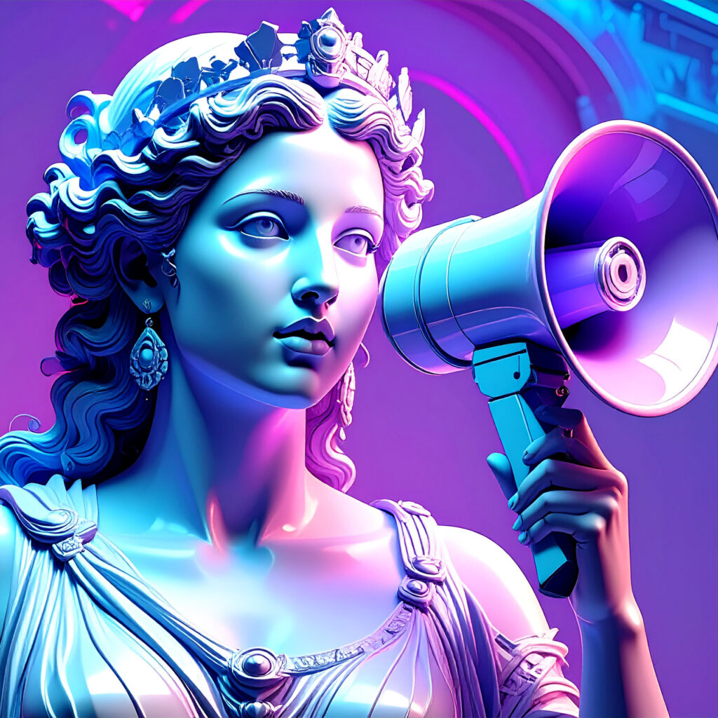 Marketing. An image of a statue holding a megaphone.